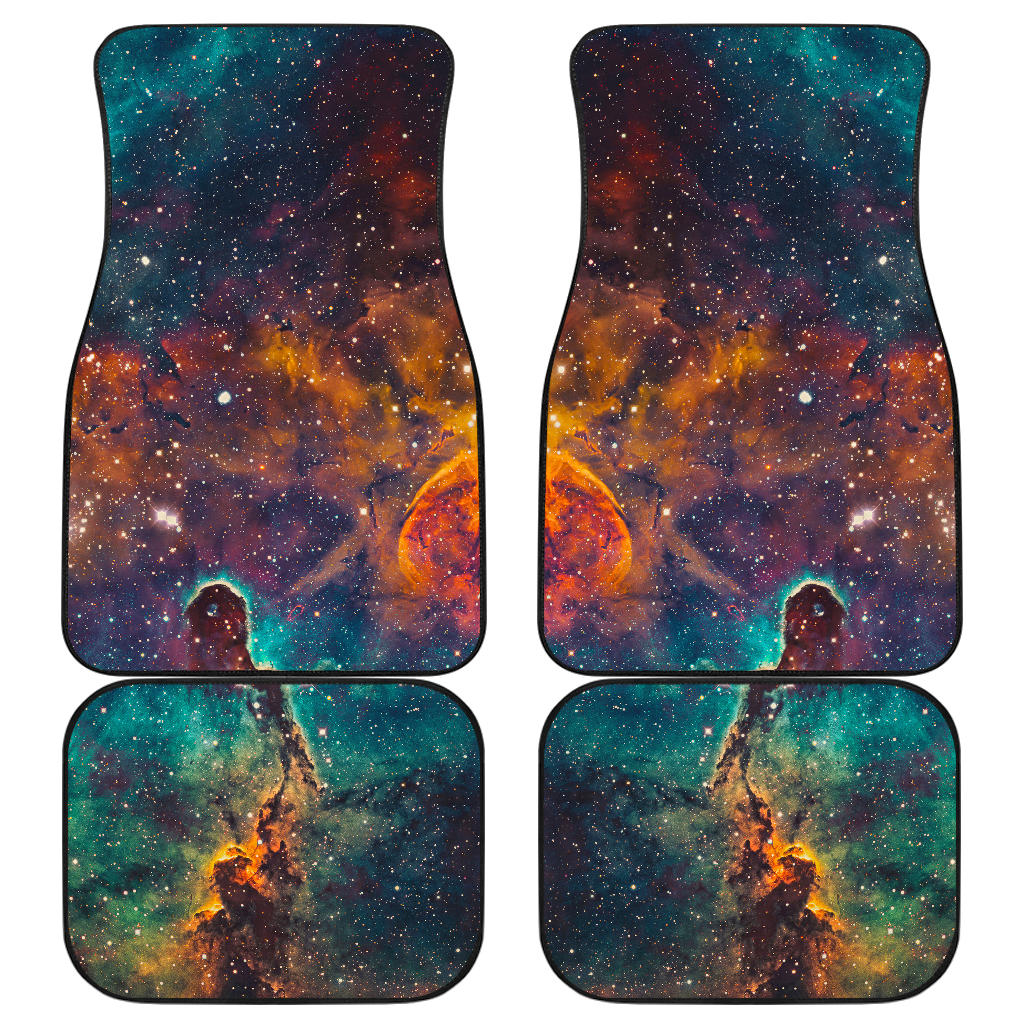 Teal Orange Universe Galaxy Space Print Front And Back Car Floor Mats, Front Car Mat