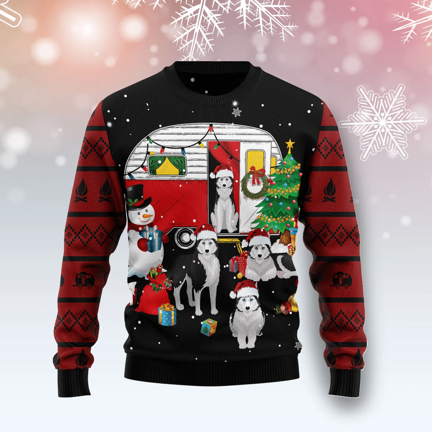 Camping Car And Siberian Husky Christmas Ugly Sweater