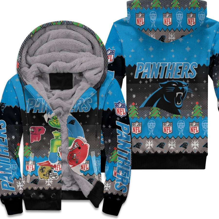 Santa Grinch Carolina Panthers Sitting On Buccaneers Falcons Saints Toilet Christmas Gift For Panthers Fans Fleece Hoodie