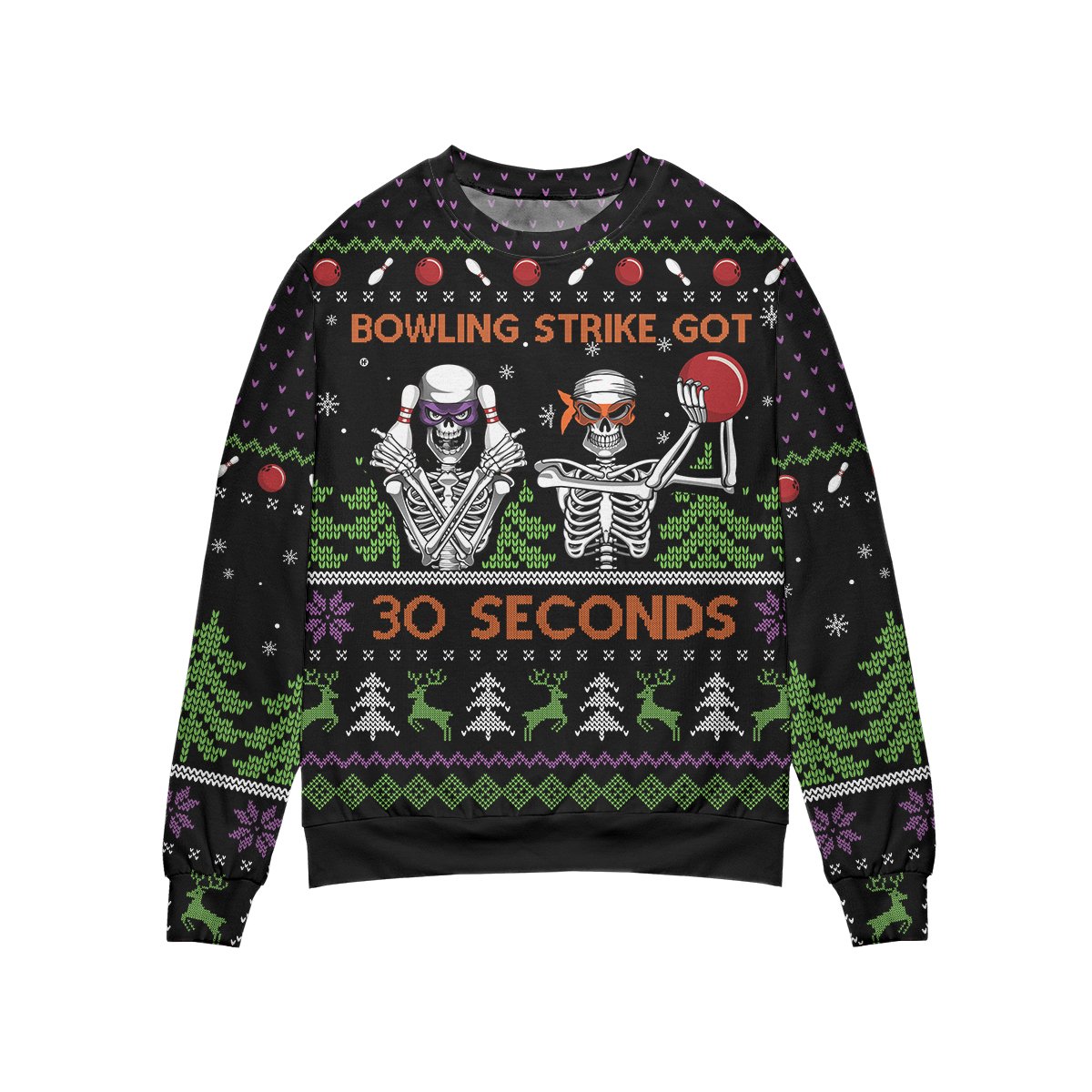 Bowling Strike Got 30 Seconds All Over Print Sweater, Skeleton Bowler Christmas Ugly Sweater