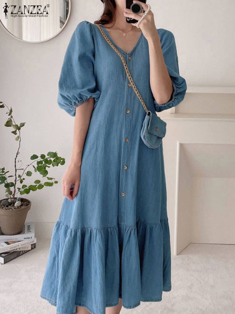 Vintage Denim Blue Women Shirt Ruffle Dress ZANZEA Summer Fashion Short Sleeve Maxi Robe Oversized Casual V Neck A Line Sundress alx