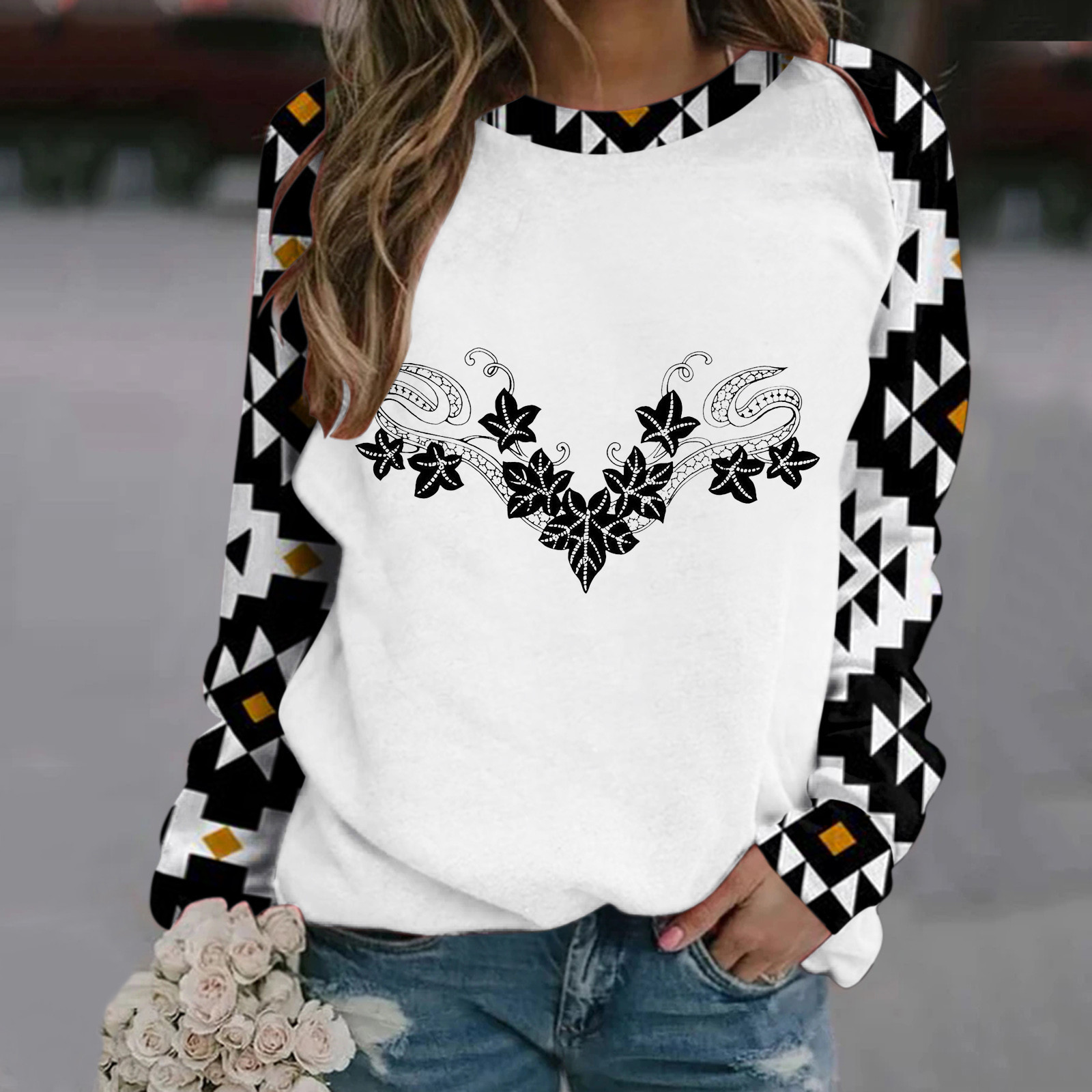 Women Hoodie Fashion Geomet Ethnic Printing Splicing Pullover Loose Leisure Round Neck Long Sleeves Sweatshirt Girls Blouse Top alx