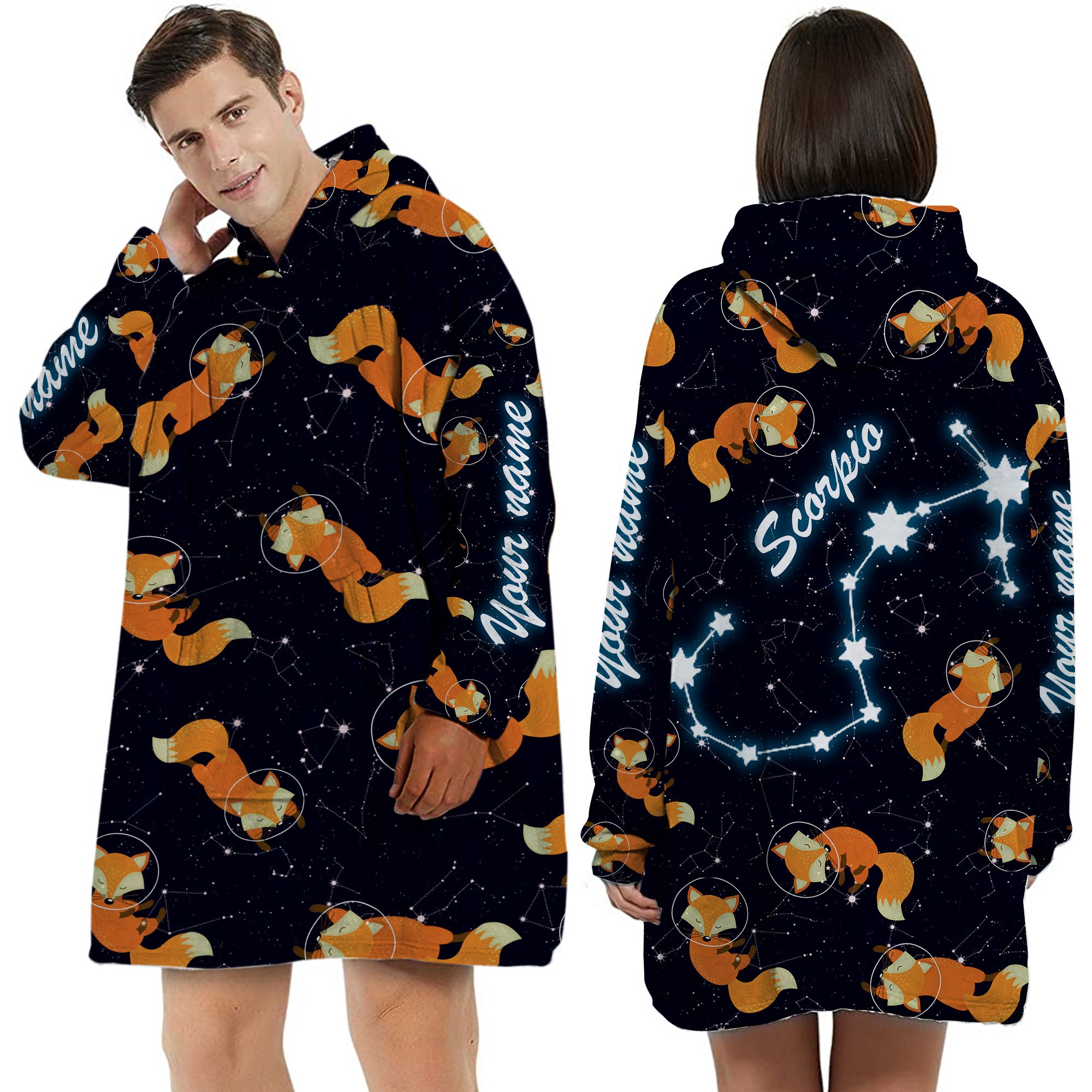 Zodiac Scorpio Foxes Custom Name Huggle Hoodie For Animal And Astronomy Lovers