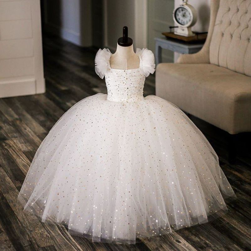 White Sparkly Simple Flower Girl Dresses Lace Up Tulle Little Girl Wedding Dresses Vintage Communion Pageant Dresses Gowns alx