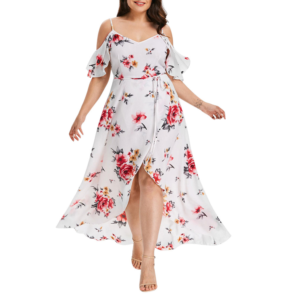 30h Plus Size Summer Dress Casual Short Sleeve Woman Dress Cold Shoulder Boho plus size Flower Print Long Dress платье robe alx