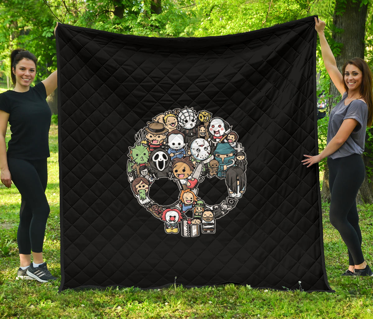 Halloween Premium Quilt – Cartoon Horror Villains Doodle In Skull Quilt Blanket