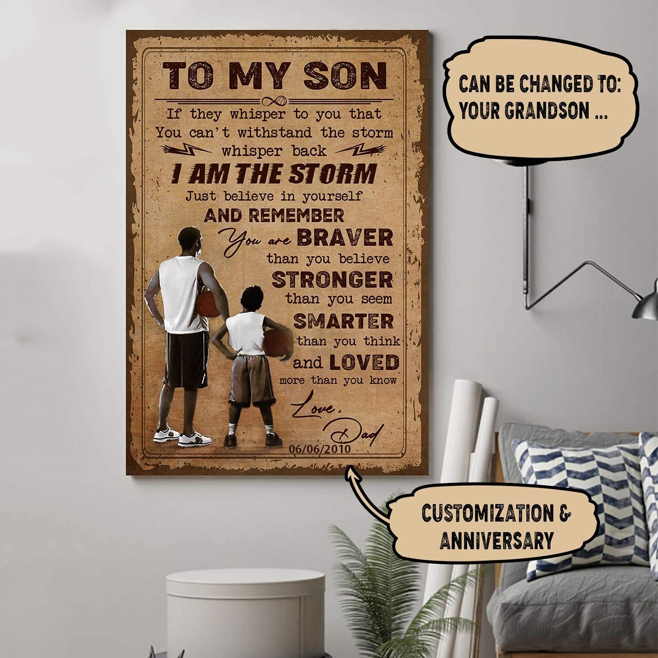 Poster for Room Aesthetic -Command Strips Wall Decor – Ly107 Customizable Basketball Poster – Dad to Son – I Am The Storm