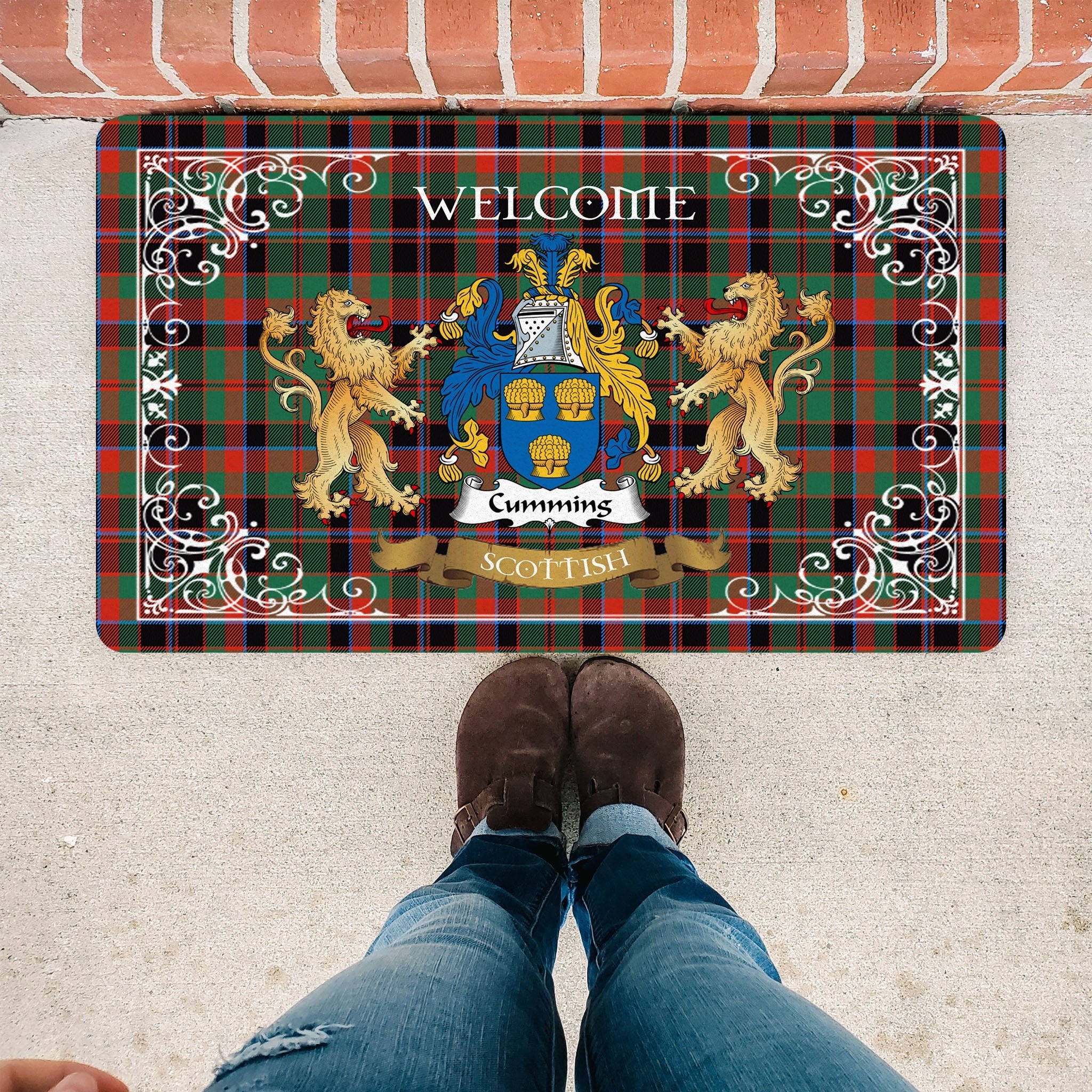 Scotstee Shop Tartan Door Mat The Family Cumming Hunting Ancient Scottish Plaid Doormat, Welcome Mat, Christmas Door Mat