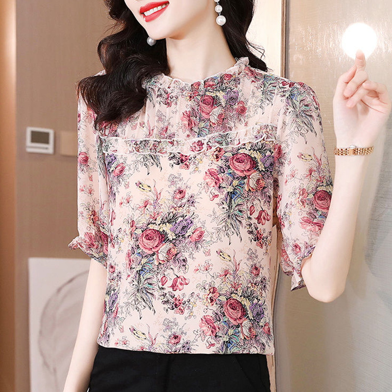 2022 Summer Korean Style Floral Elegant Fashion Tops Women Short Sleeve Print Chiffon Female Shirt Aesthetic All Match Blouse alx