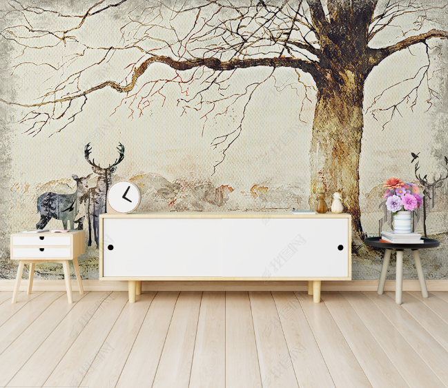 3D Hand Drawn Tree Animal Elk Wall Mural Wallpaper Lqh 37