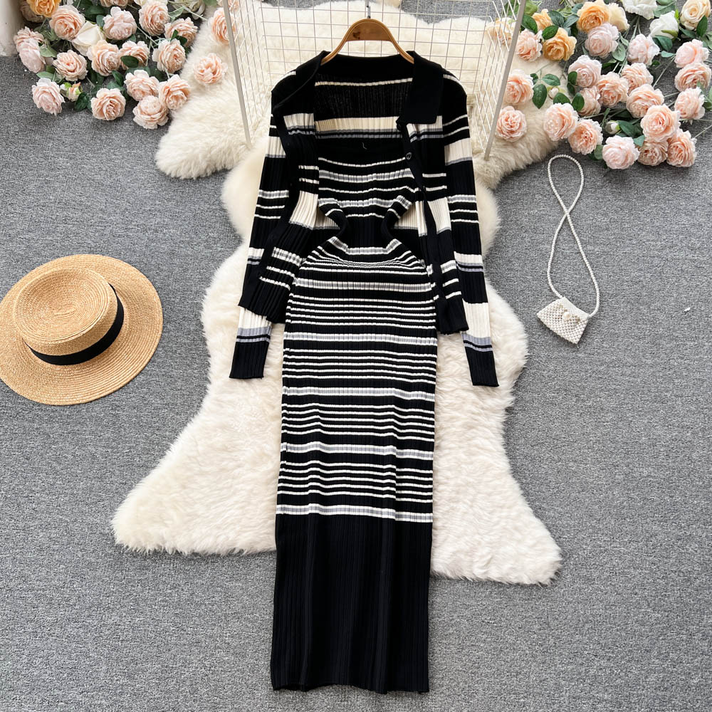 Autumn and Winter Striped Long-sleeved Lapel Knitted Shawl Cardigan + Camisole Dress Long Skirt Two-piece Set alx