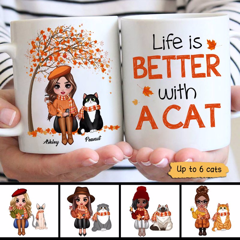 Fall Season Doll Woman Life Is Better With Cats Personalized Mug