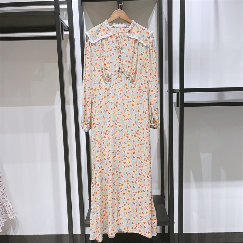 Women Floral Print Robes Lace Trim Peter Pan Collar 2022 New Early Autumn Long Lantern Sleeve Lady Lace-Up Long Dress alx