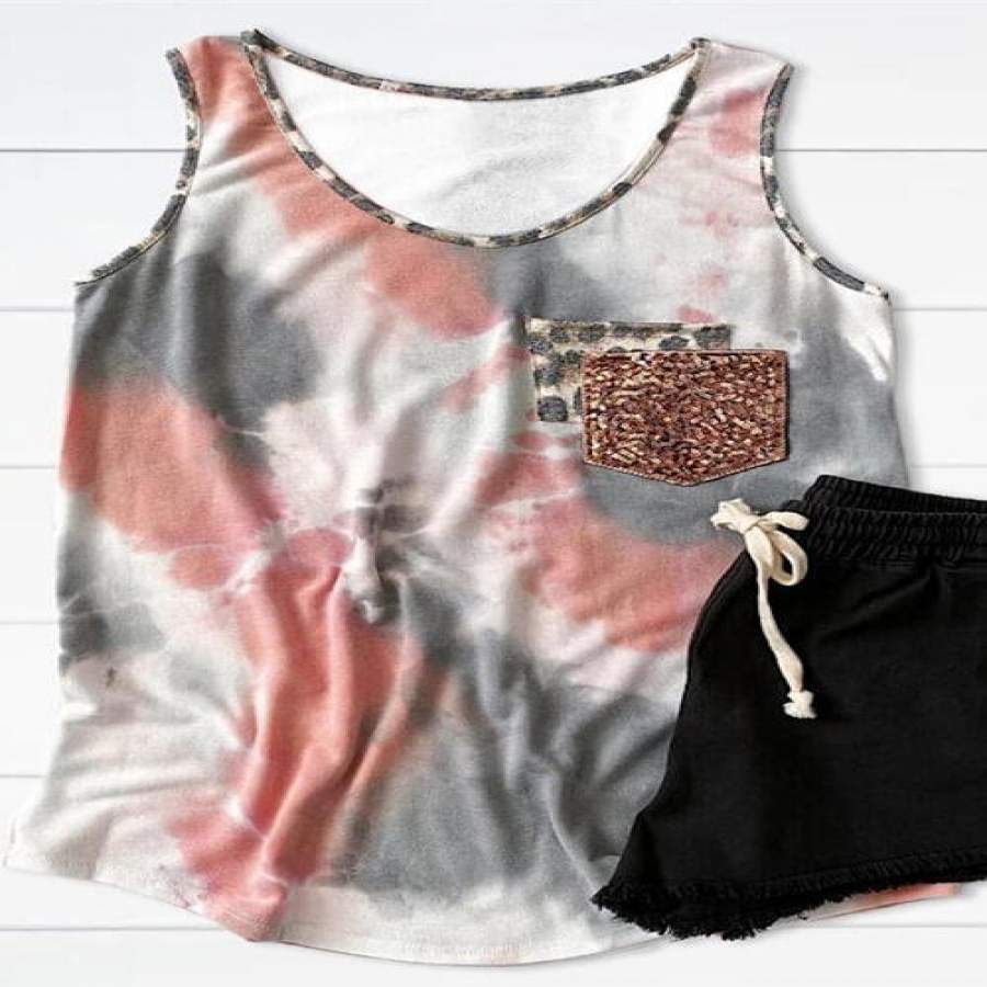 Tie Dye Sequined Leopard Print Pocket Tank Tops