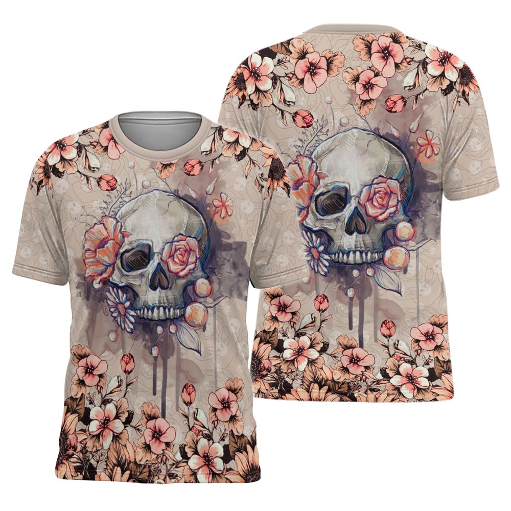 ViticFashion™ skull & flower- cream shade salmon pink detail- ultra soft 3D all over printed XL T-shirt