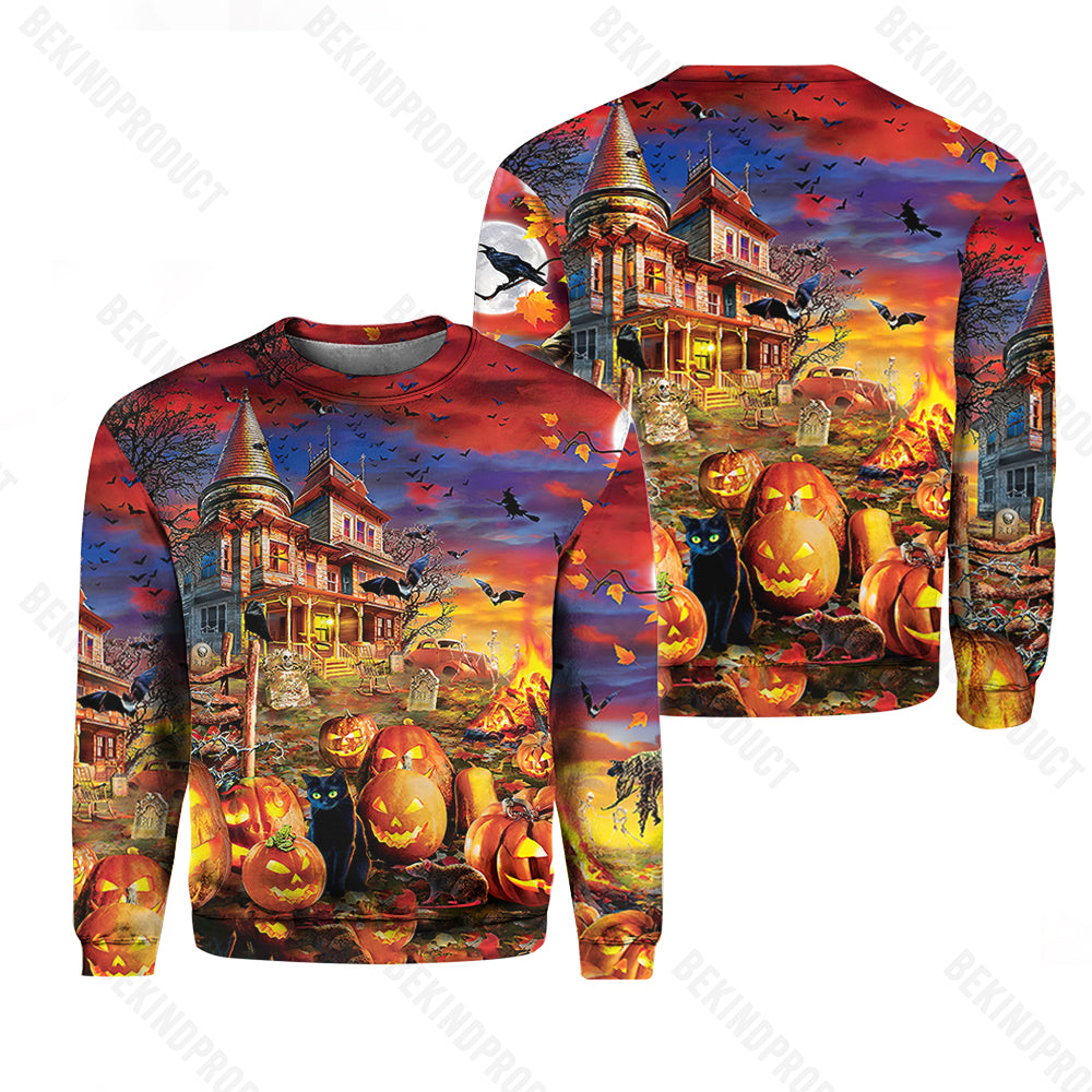 Halloween Haunted House Colourful Crewneck Sweatshirt All Over Print Sweatshirt For Women Sweatshirt For Men Swn1093