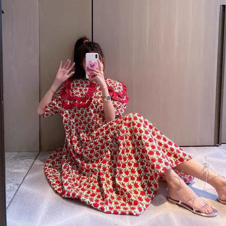 Summer Dress Women 2022 Chic Design Red Rose Print Peter Pan Collar Vintage Flowers Long Dress Puff Sleeve Maxi Cotton Dress alx