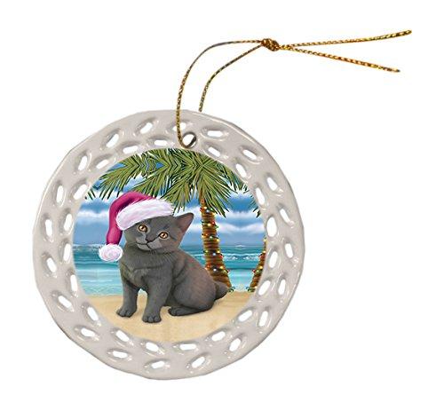 Summertime Chartreux Kitten On Beach Christmas Round Doily Ornament Por496