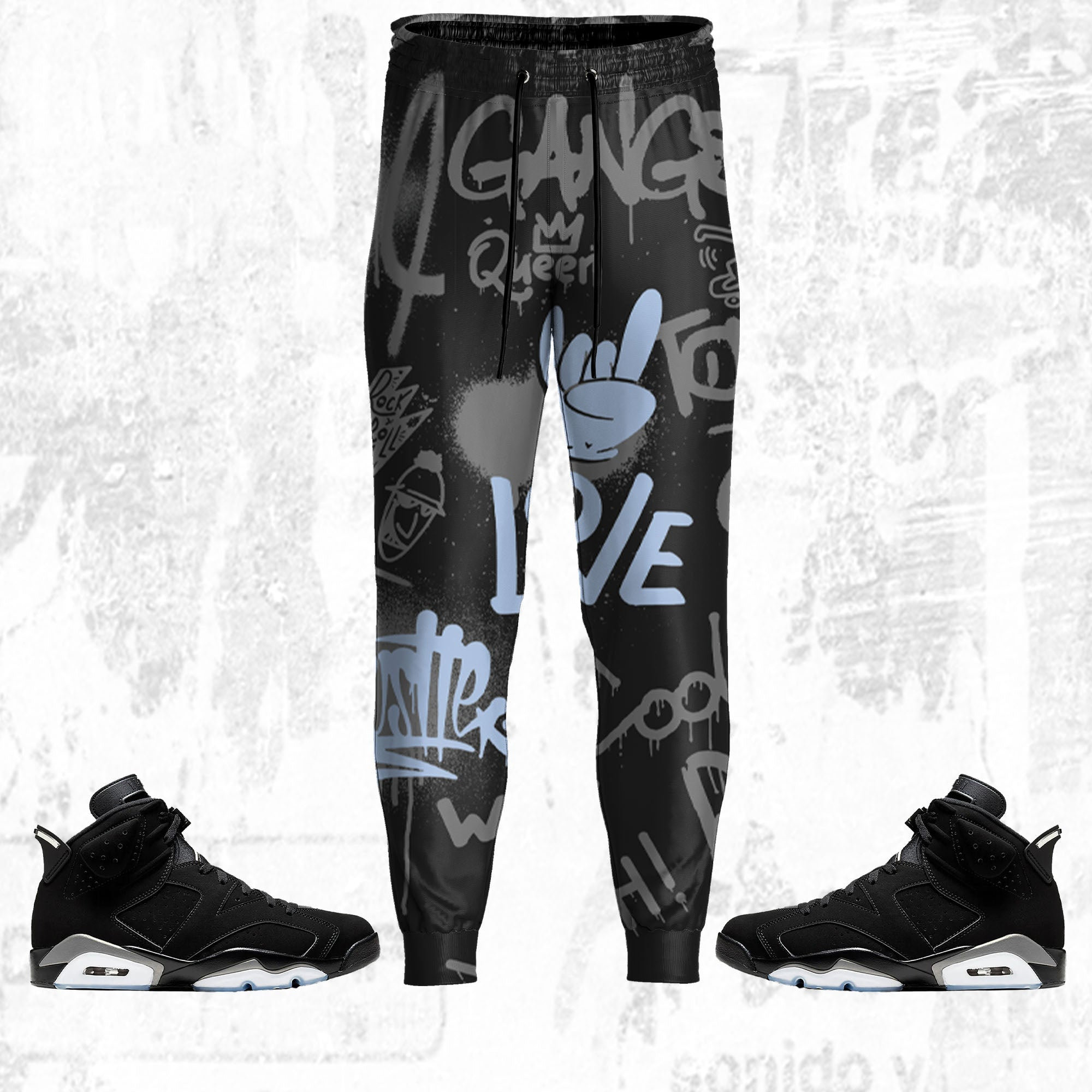 Doodle Style ST Unisex Pants match Jordan 6 Black Chrome Metallic Silver, Pants 3D match Jordan Sneaker