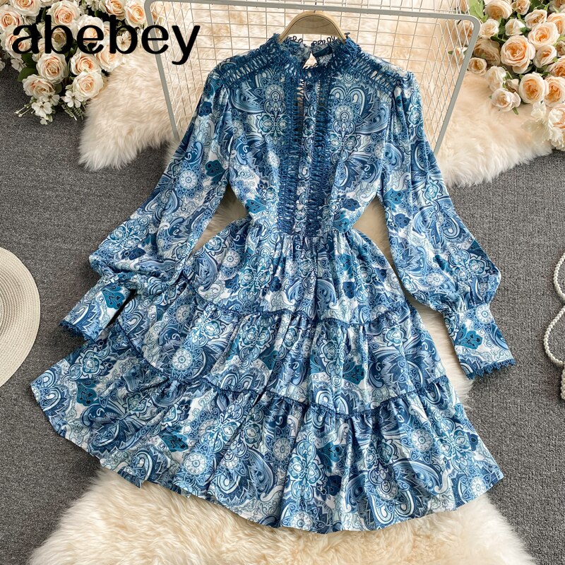 2021 New Spring Summer Vintage stand collar Lantern Sleeve Dress hollow out hook lace patchwork high waist pleated waist Dress alx