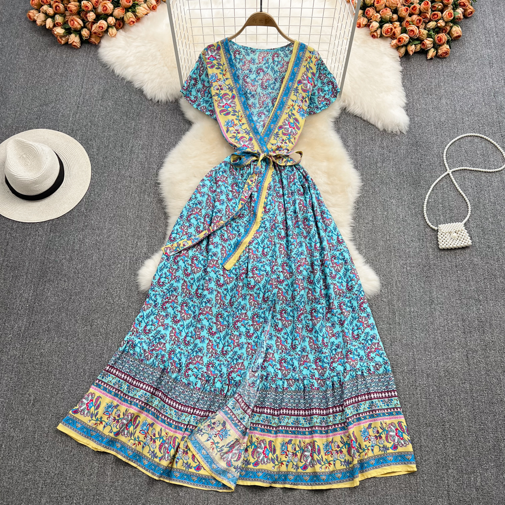 Bohemian Style Long Wrap Dress V Neck Short Sleeve Summer Beach Vestidos Mujer Rayon Cotton Hippie Dress Women alx