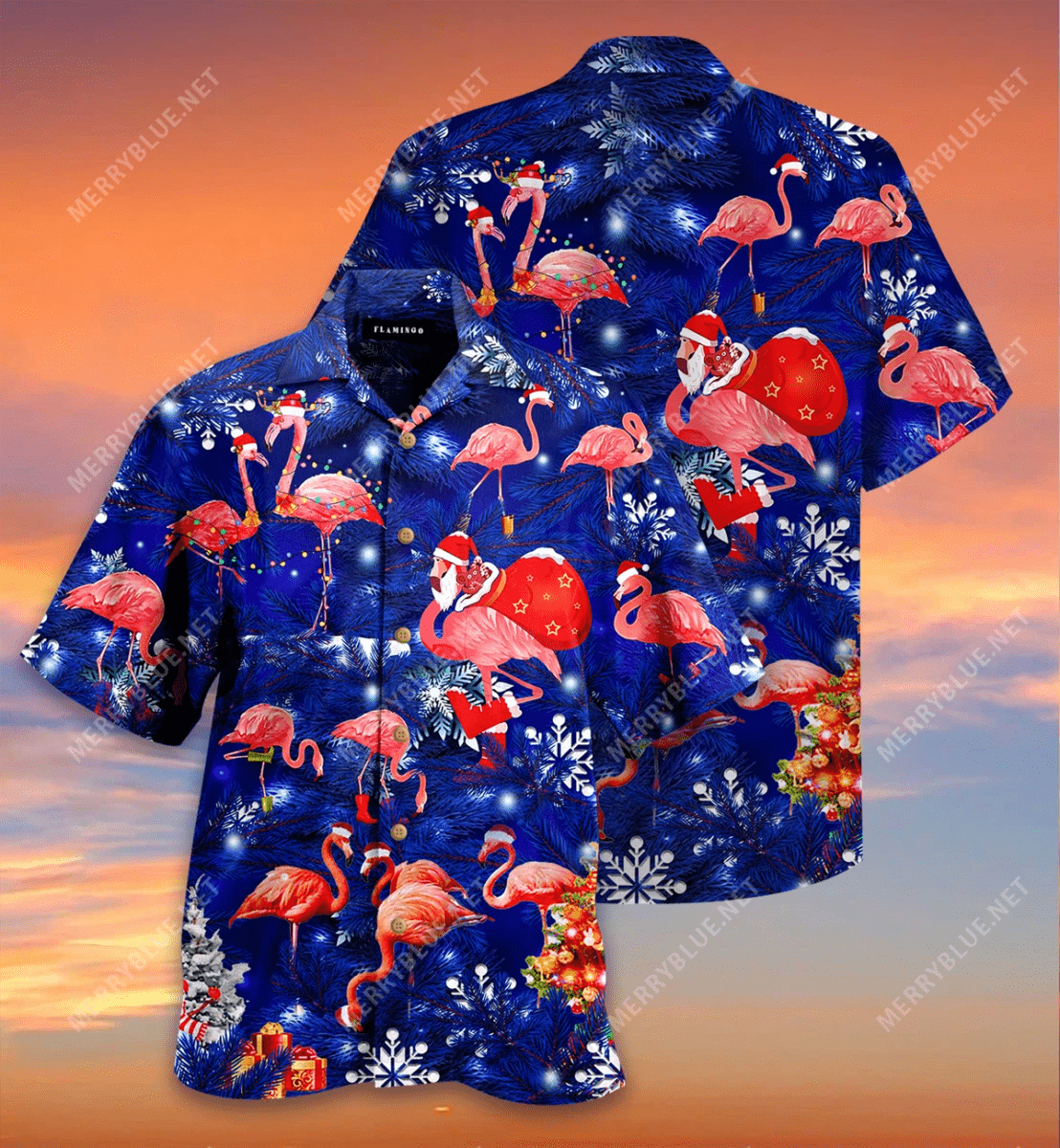 Flamingo Christmas Blue Sky Hawaii Aloha Shirts Ha11429