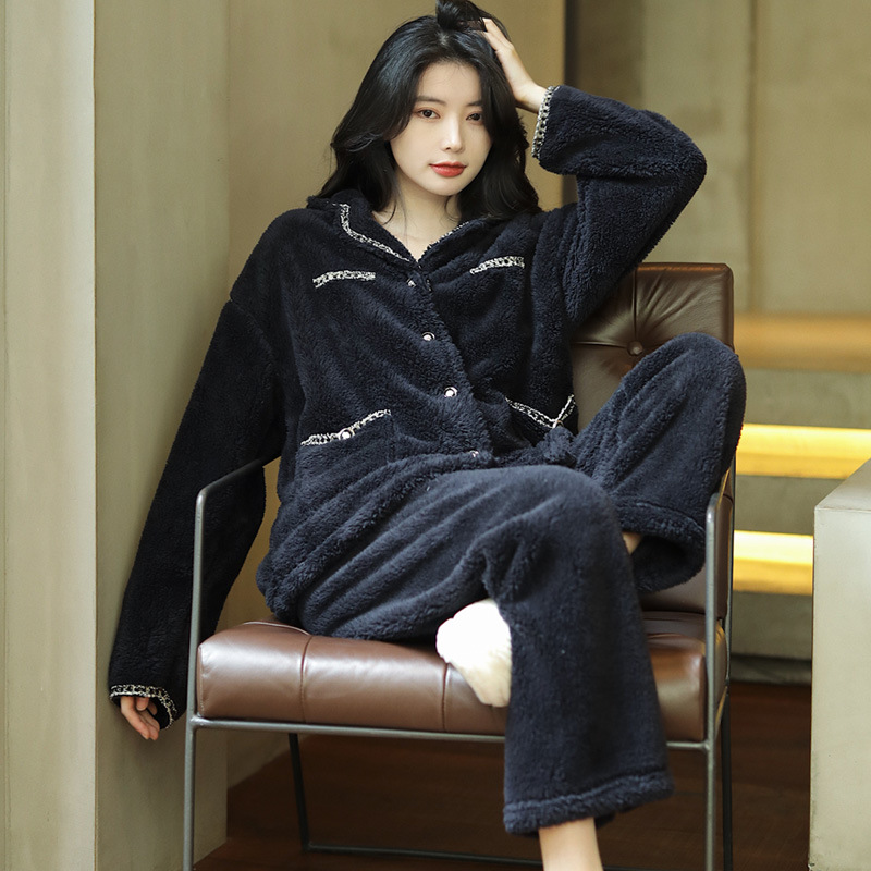 Winter Warm Women Pajamas Set Thickened Flannel Sleepwear Trouser Suits with Pocket Soft Coral Fleece Home Clothes Lounge Wear alx