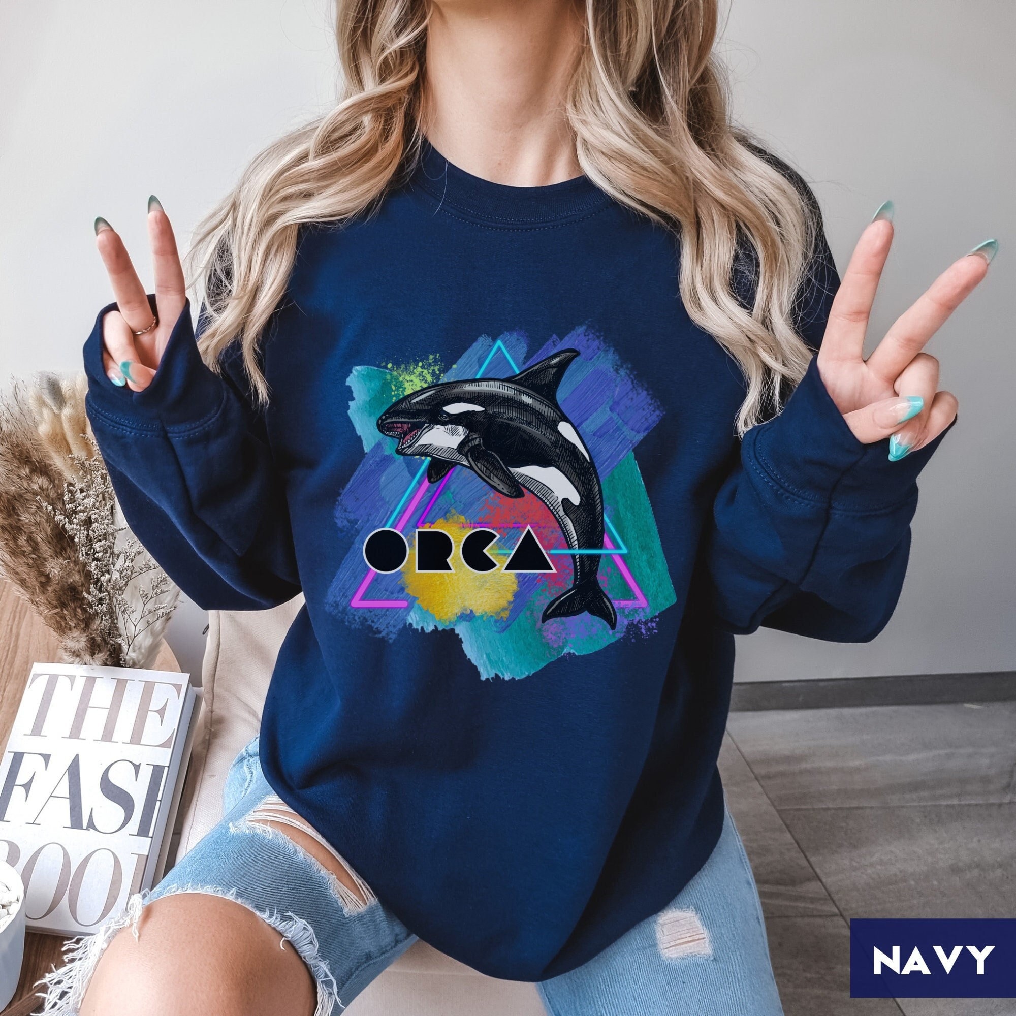 Orca Killer Whale Retro 90s Sweater | Y2K Environment Conservation | Gift For Nature, Outdoor Sealife, Wildlife Lover | Vintage PNW Pullover