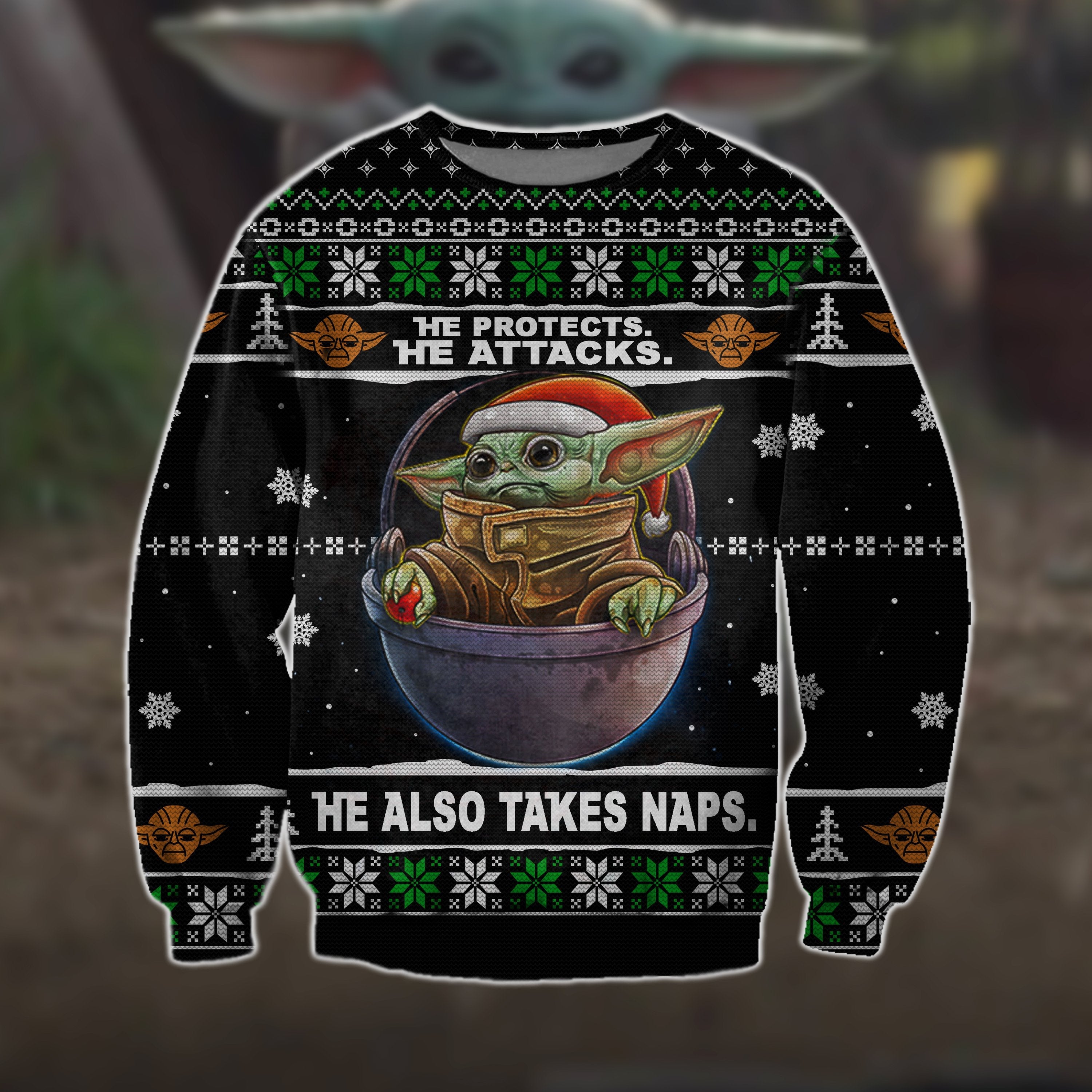 Unifinz Sw Christmas Ugly Sweater He Protects He Attacks He Also Takes Naps Grogu Christmas Black Sweater 2022