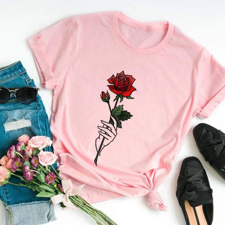 Vintage Rose Flower Illustration Printed Cotton Casual Distressed Personalized Pink Shirt