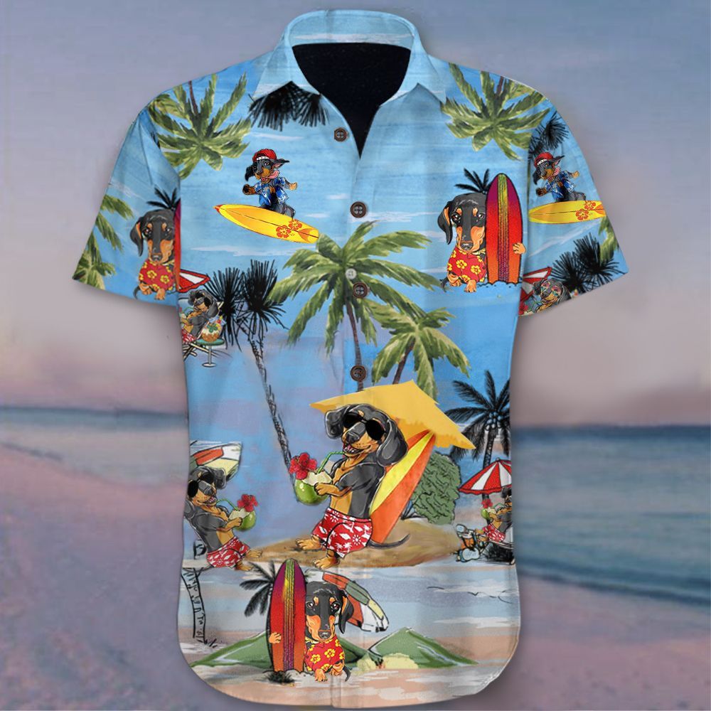 Dachshund At Beach Holiday Hawaii Shirt Cute Family Vacation Button Up Mens Womens Ha85330