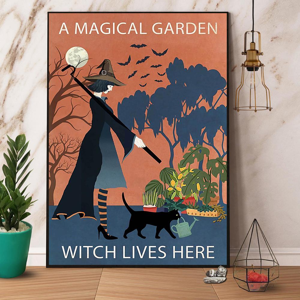 Vintage Witch & Cat A Magical Garden Witch Lives Here Halloween Gift Paper Poster No Frame  Matte Canvas Wall Decor