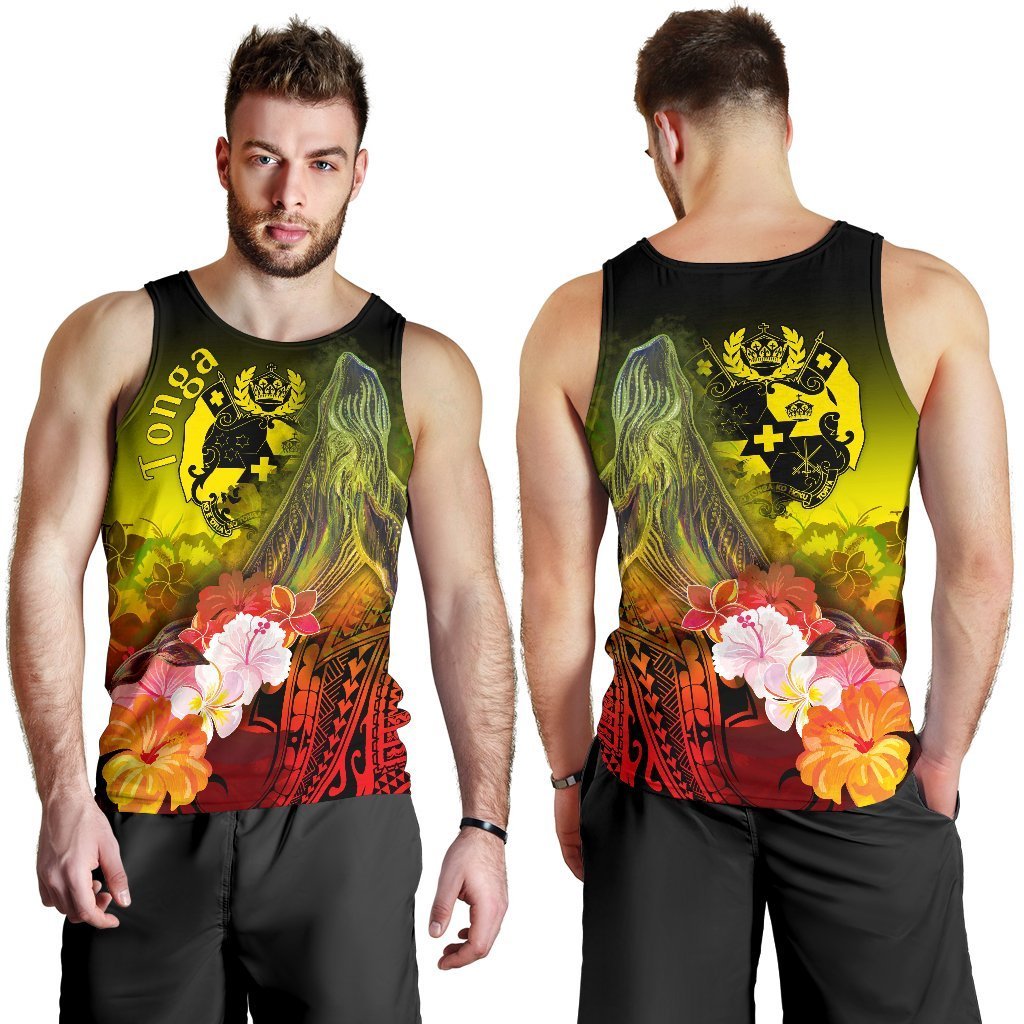 Tonga Men’S Tank Top – Humpback Whale With Tropical Flowers (Yellow)