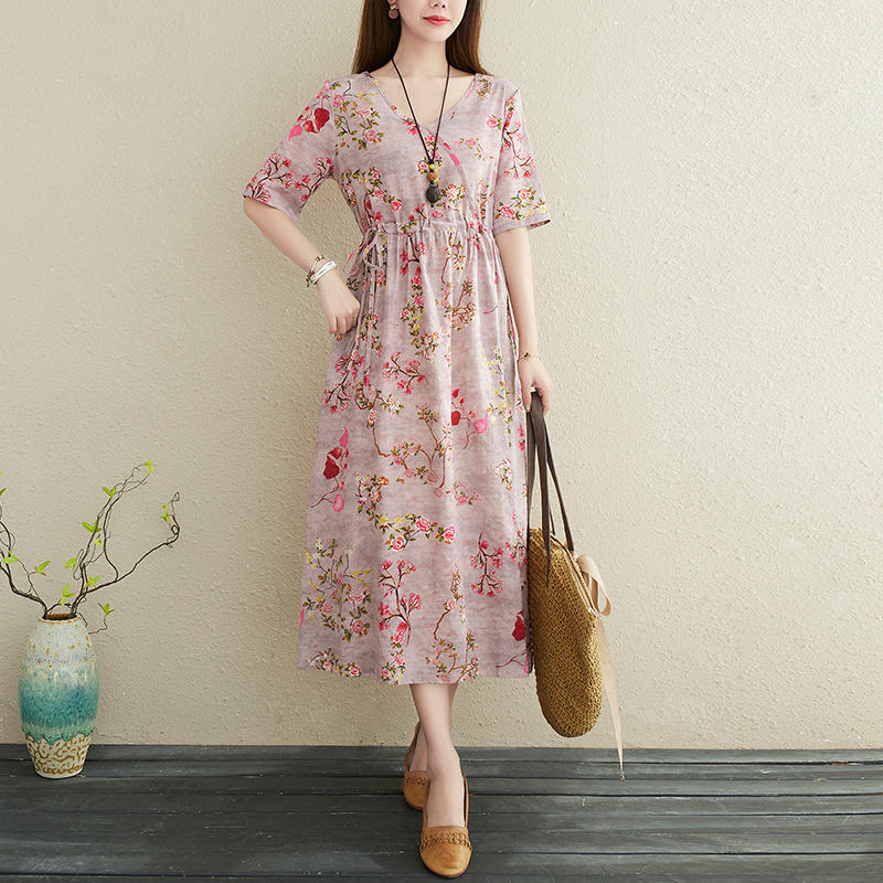 2022 New Arrival Print Floral Fashion Women Holiday Outdoor Travel Casual Dress Thin Soft Cotton Linen Loose Summer Midi Dress alx