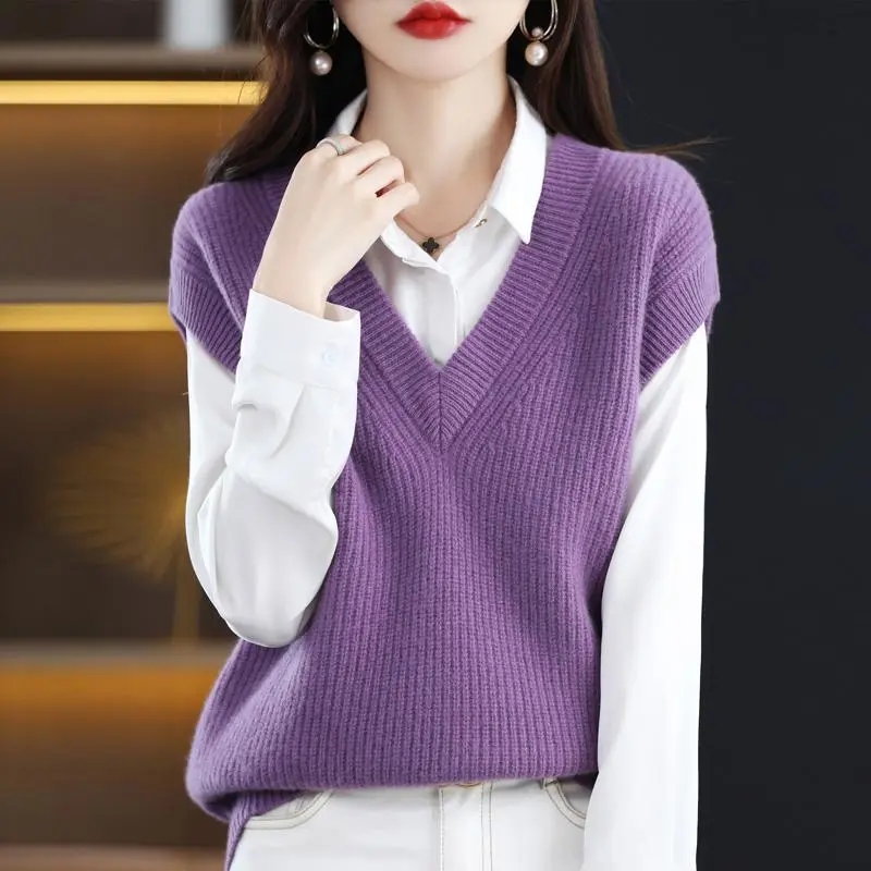 Autumn Winter New Knitted Vest Female V-neck Solid color Bat Shirt Loose Women’s All-match Sleeveless Knitted Waistcoat Tops alx