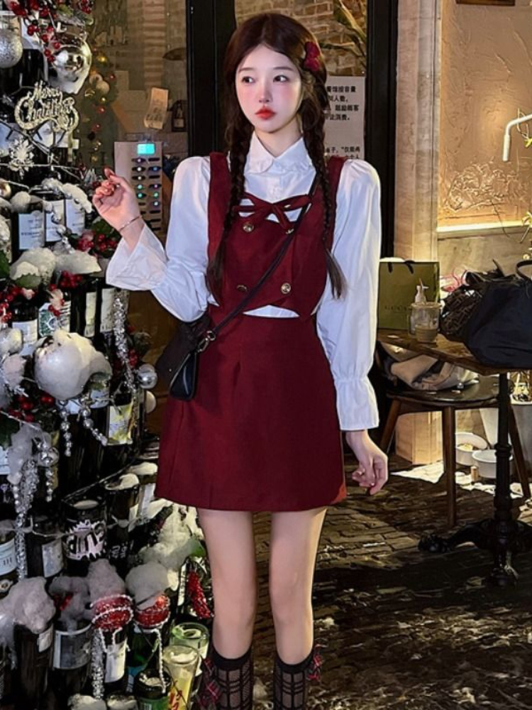 Xgoth Girly Sweet Hot Suit Women Spring Vintage Wine Red Vest + Pleated Skirt + Puff Long Sleeve Shirt Three-piece Kawaii Sets alx