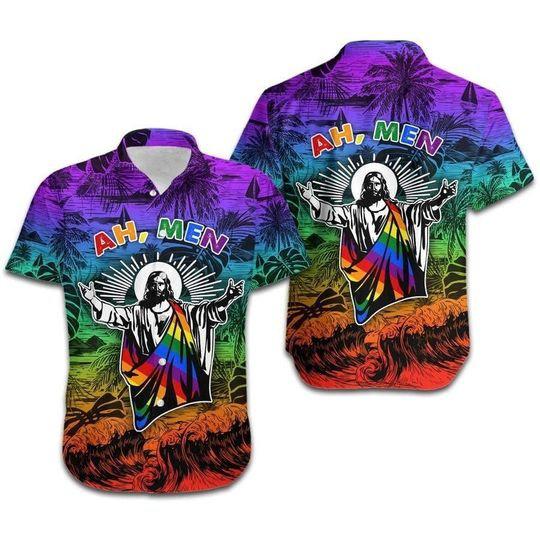 Ah Men Funny Jesus Lgbt Pride Aloha Hawaiian Shirt – For Men And Women