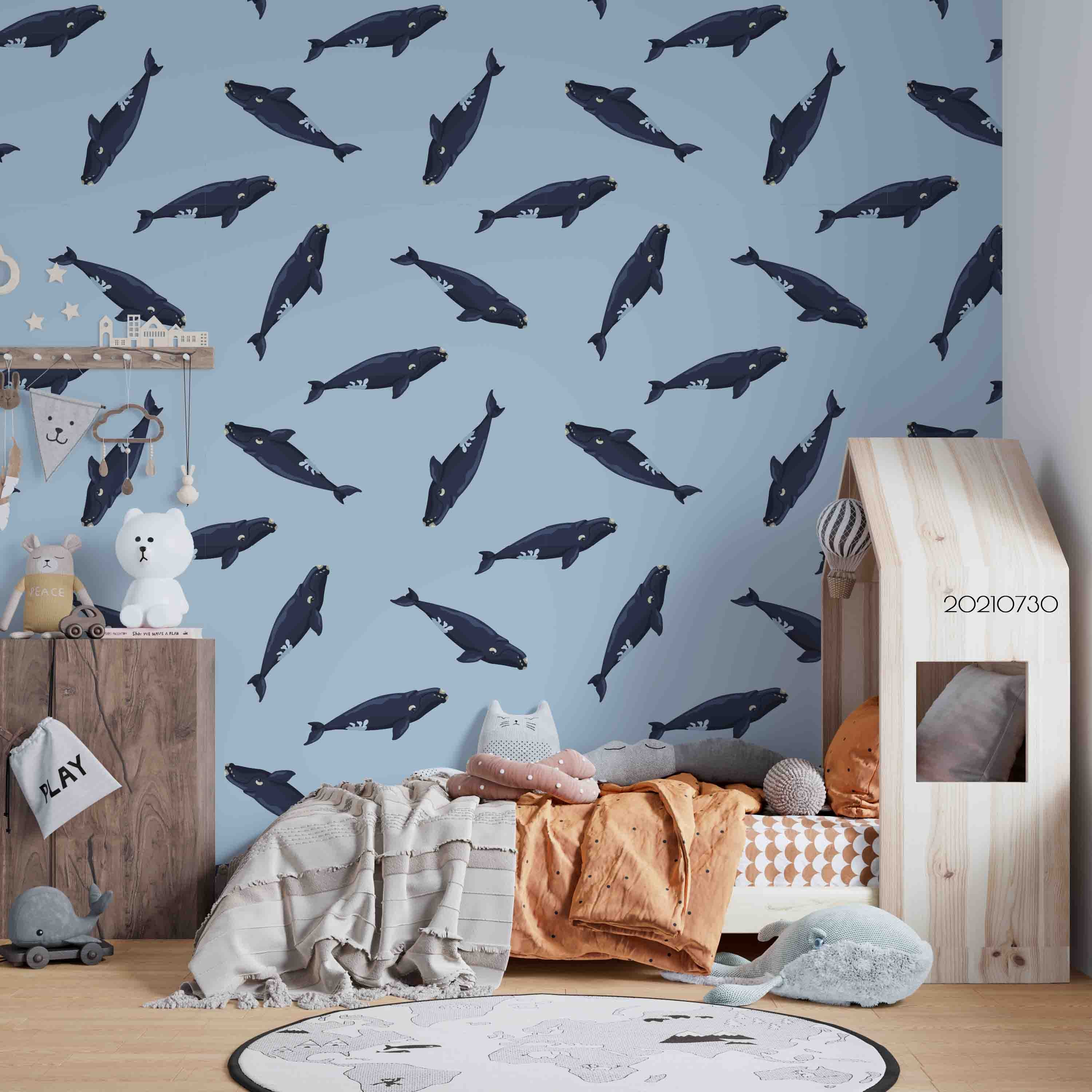 3D Whale Pattern Seamless Light Blue Wall Mural Wallpaper Sww4463