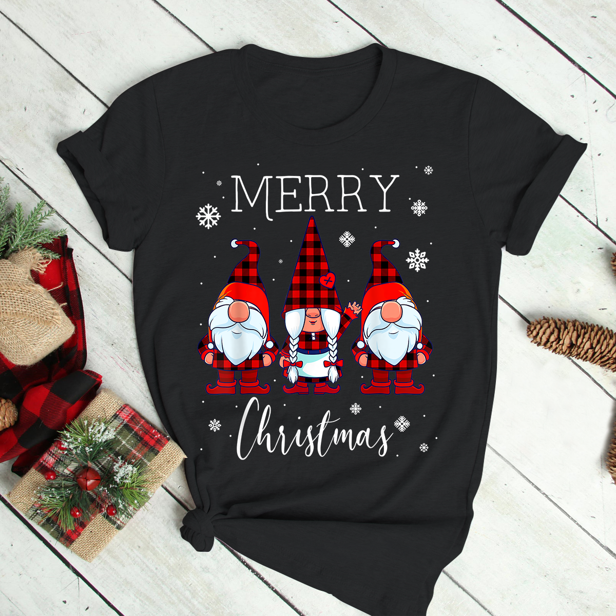 Three Gnomes In Leopard Print Buffalo Plaid Christmas Xmas New T-Shirt