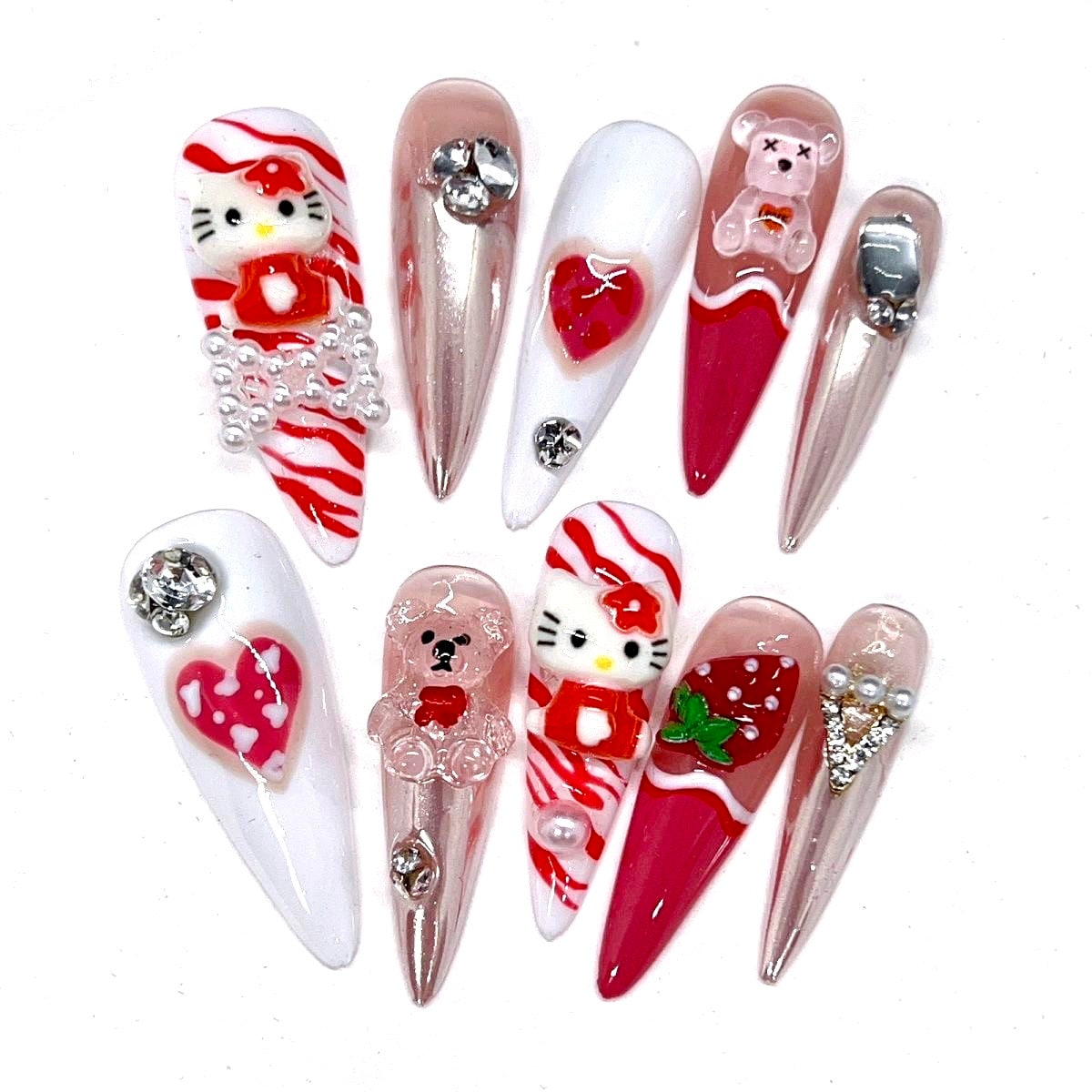 Strawberry Kittyy Cat Press On Nails/ Clear Cute Bear Nails/ Christmas Nails/ White and Red mix design Nails #338