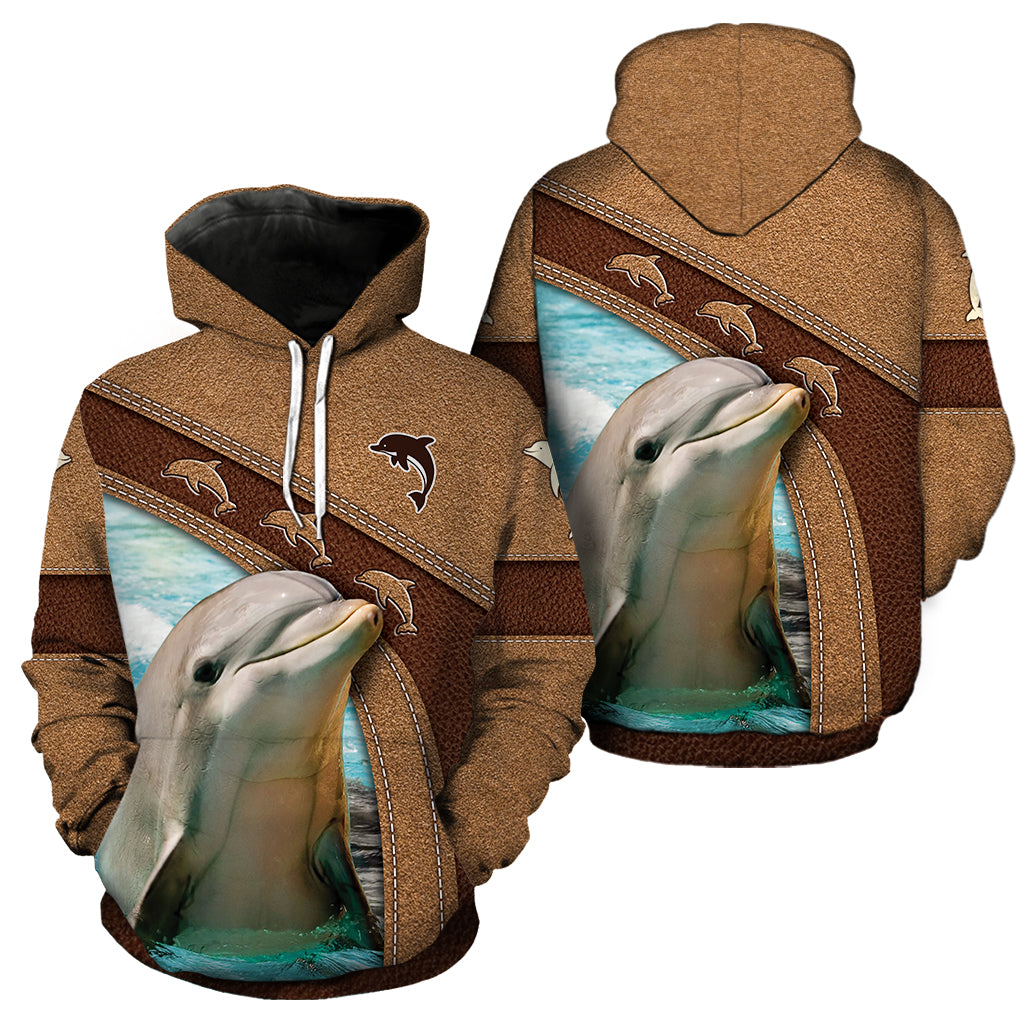 Dolphin Leather Pattern Full Hoodie All Over Print Thicken Pullover Fleece Hoodie Long Sleeve