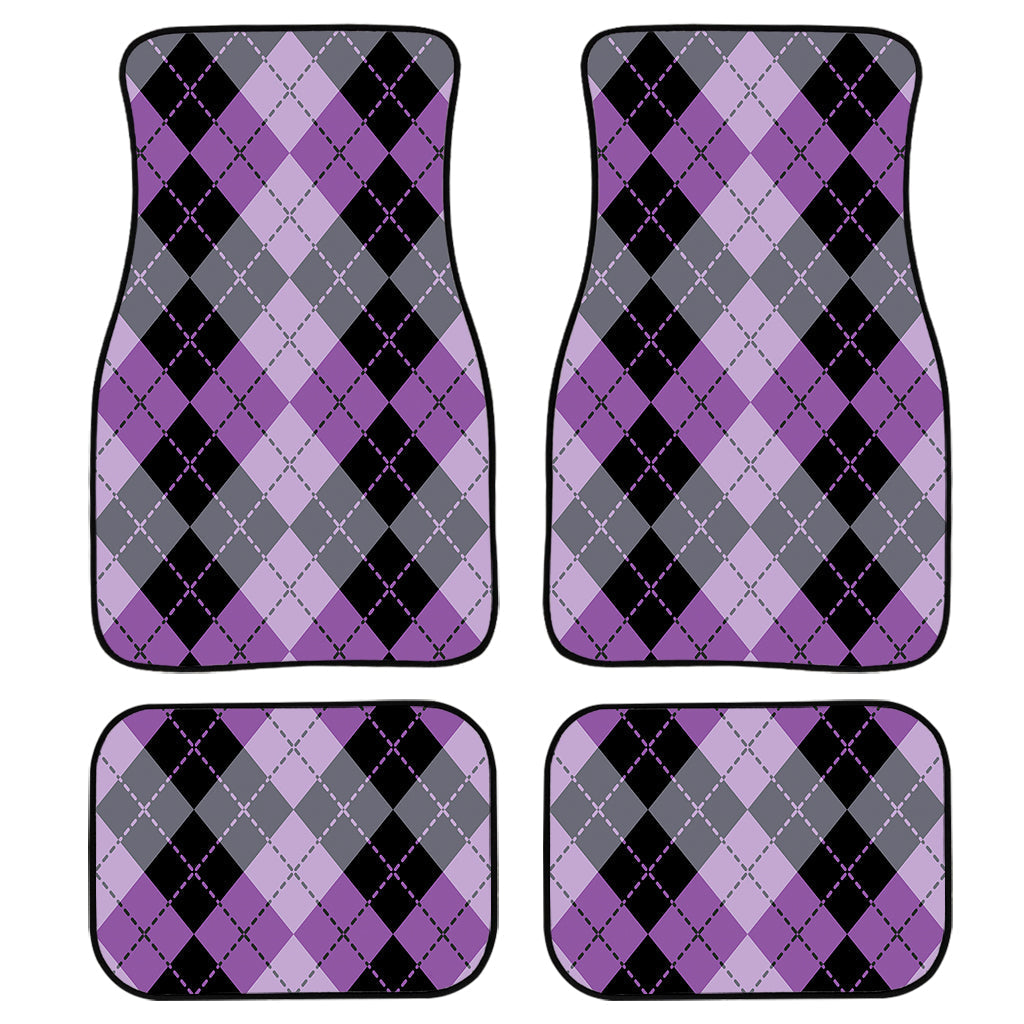 Black Grey And Violet Argyle Print Front And Back Car Floor Mats, Front Car Mat