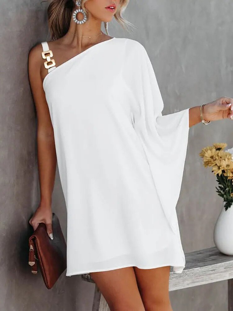 Summer Women Chic Colorblock Chain Straps Asymmetrical Dress 2022 Boho Casual One Shoulder Long Sleeve Mini Vacation Dresses alx