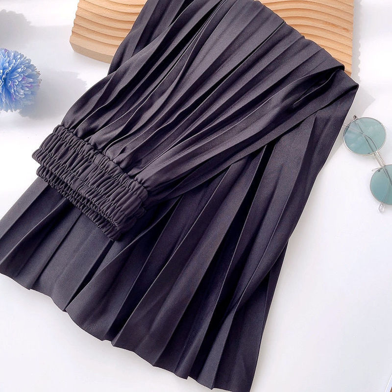 Yitimoky Midi Skirt for Women 2022 Summer Chic Elastic Band Fashion A Line Elegant Office Ladies Luxury Long Pleated Skirts alx