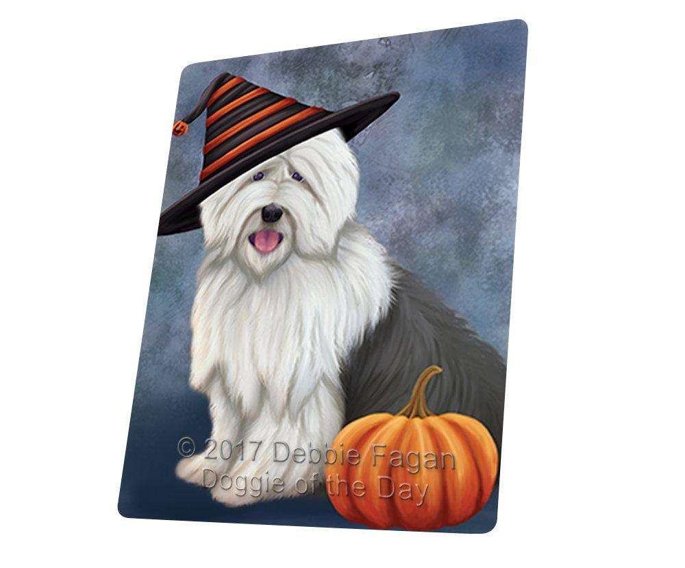 Happy Halloween Old English Sheepdog Wearing Witch Hat With Pumpkin Art Portrait Print Woven Throw Sherpa Plush Fleece Blanket