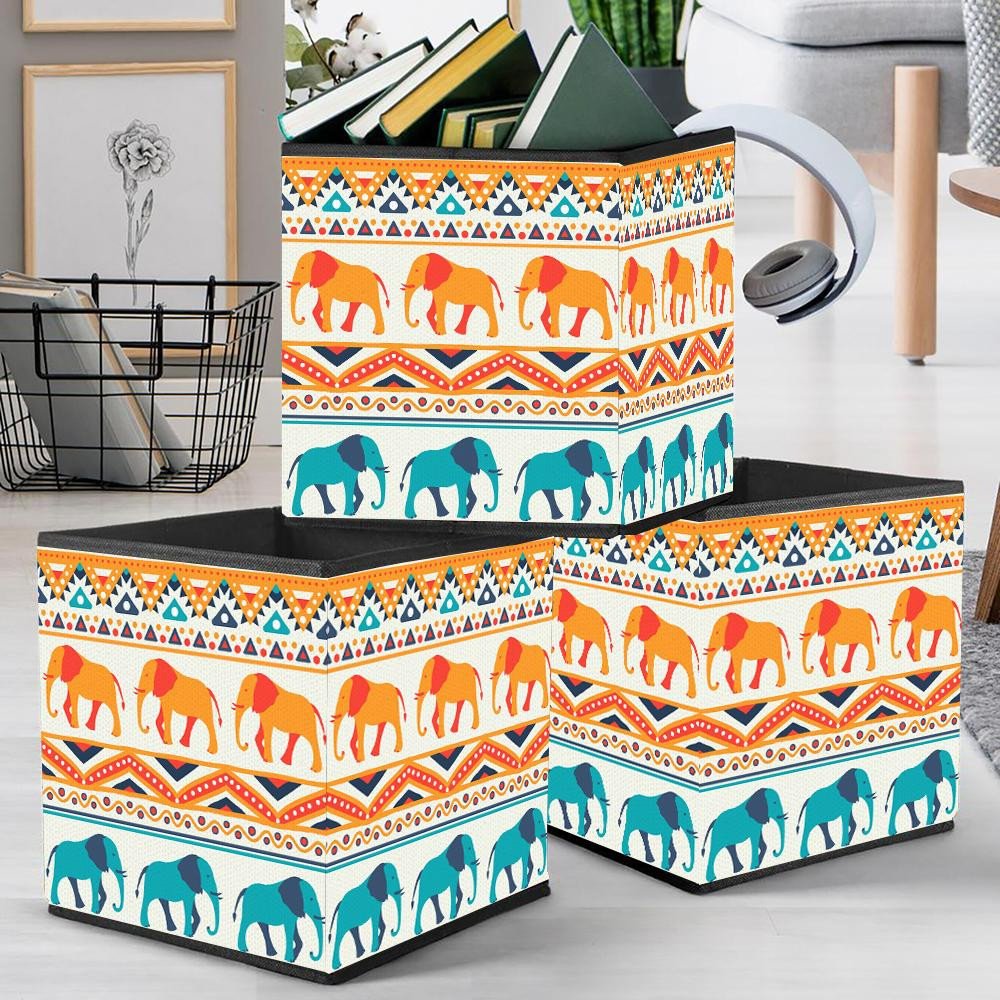 Retro Blue And Orange Elephant With Ethnic Ornaments Storage Bin Storage Cube