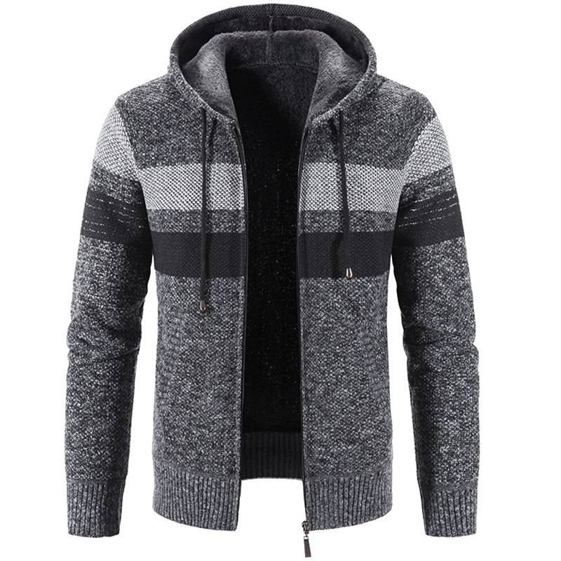 Winter Sweater Coat Men Hooded Cardigan Fleece Warm Sweaters Jackets Fashion Striped Knitted Cardigan Men Casual Zipper Sweaters alx