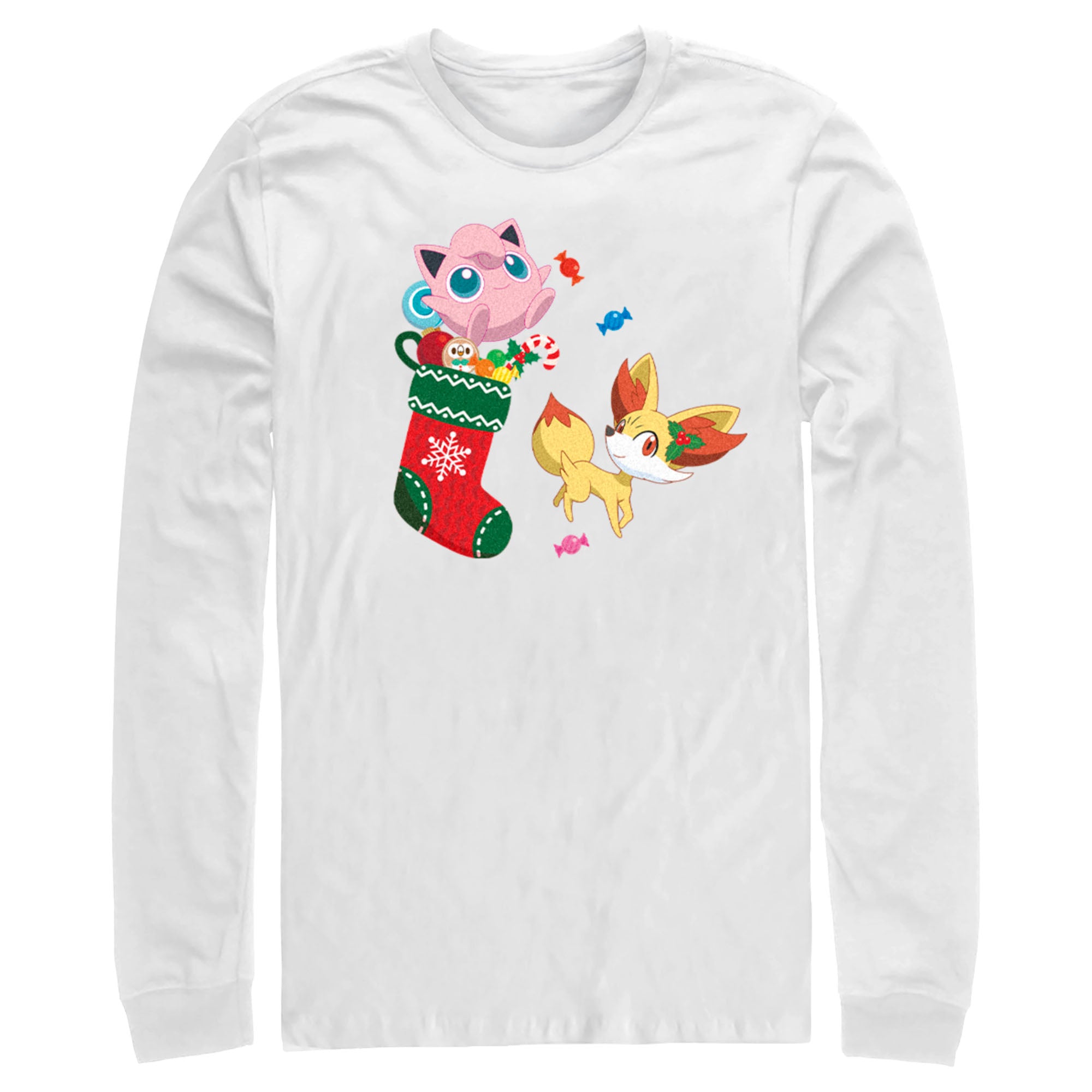 Men’S Pokemon Christmas Jigglypuff And Fennekin Stocking Long Sleeve Shirt