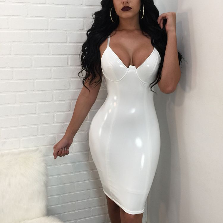 Women Wetlook Shiny Camisole Dress Exotic Dancewear Hot Midi Dress Clubwear Bodycon Faux Leather Sexy Fetish Latex Pvc Dress 6XL alx