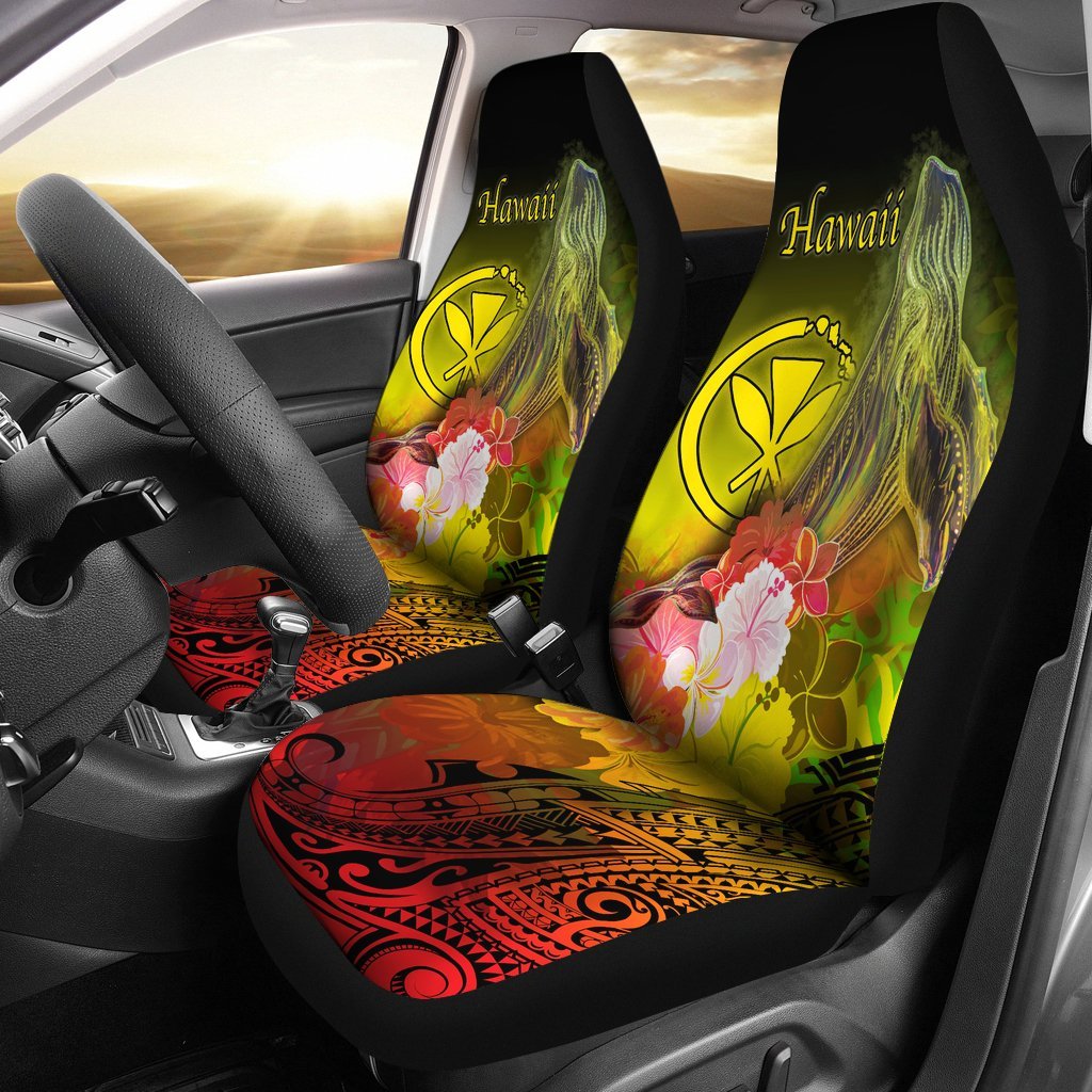 Polynesian Hawaii Car Seat Covers – Kanaka Maoli Humpback Whale With Tropical Flowers (Yellow)